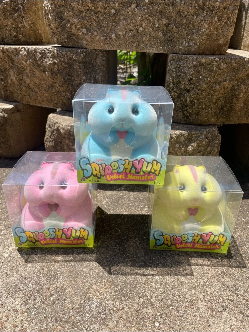 Full 3 Pack - Squeeshy Yum Velvet Hamster Plush Toy [Yellow, Pink, Blue] NEW!